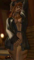 abs anthro bedroom_eyes circlet claws final_fantasy final_fantasy_xiv functionally_nude furry gold_jewelry green_eyes hand_over_crotch hrothgar hrothgar_female imminent_sex jewelry lingerie lion_ears lion_tail lioness muscles muscular_female negligee nude orange_hair square_enix tiara wuk_lamat yellow_fur