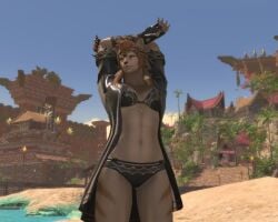 anthro beach bikini final_fantasy final_fantasy_xiv furry gpose green_eyes happy hrothgar hrothgar_female lion_ears lion_tail lioness ocean orange_hair pose posing smile square_enix stretching stripes wuk_lamat yellow_fur