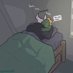 1:1 bed bed_covers bed_frame bedding bedroom bedroom_sex black_body bone day demon dominant duo falling_asleep frill_(anatomy) furniture green_bedding green_body hand_on_shoulder head_crest head_frill hi_res indoor_sex larger_dom lizard luvam_(luvamisguilty) luvamisguilty lying lying_on_bed maeryn_(luvamisguilty) male male/male male_dominating_male male_penetrated male_penetrating male_penetrating_male multicolored_body muscular muscular_arms on_bed penetration pinned reptile scalie sex size_difference skull skull_head sleep_paralysis_demon sleeping speech_bubble two_tone_body yellow_frill