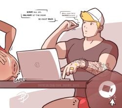 2boys bulge chastity chastity_cage dan_draws_boys english_text gaping_anus gay imminent_sex laptop male_only on_desk ring spread_anus submissive_male tagme tattoo underwear working yaoi