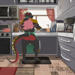 2020 anthro apron apron_only ass backsack balls clothing detailed_background dragon flaccid genitals hi_res horn hythrojin inside kitchen male male_only markings mostly_nude muscular muscular_anthro muscular_male penis perineum rear_view scalie solo standing window