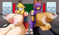 2girls alia android blonde_hair breasts female female_only large_breasts layer mega_man mega_man_x milking milking_machine multiple_girls purple_hair robot_girl s1-14 tagme