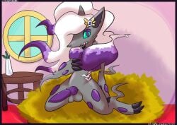 animal_genitalia animal_penis bed canine_genitalia canine_penis erection fur furniture generation_8_pokemon genitals green_eyes grey_body grey_fur hi_res hisuian_form hisuian_zoroark looking_at_viewer male nintendo on_bed penis pokemon pokemon_(species) purple_body purple_fur regional_form_(pokemon) screamoshaymin solo