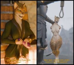 2026 3d_(artwork) anthro black_border border bottle breasts clothed clothed_anthro clothed_female clothing comic container dialogue digital_media_(artwork) digitigrade english_text felid female fur genitals ghostoast hands_behind_back heterochromia hi_res holding_bottle holding_container holding_object imminent_death imminent_hanging khajiit leopard mammal markings microsoft navel nipples noose nude nude_anthro nude_female pantherine scared solo spots spotted_body spotted_fur text the_elder_scrolls vulva wide_hips