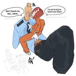 2boys caine_(the_amazing_digital_circus) clothed kinger_(the_amazing_digital_circus) police prisoner suggestive the_amazing_digital_circus yaoi
