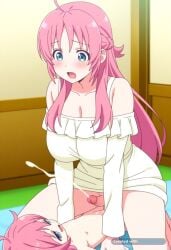 1girl ahoge ai_assisted ai_generated anime_screencap blue_eyes cowgirl_position cum full_body futanari little_penis long_hair mature_female mother_and_daughter pink_hair projectile_cum sex size_difference small_penis