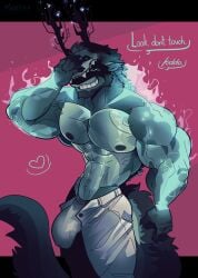 abs absurd_res anthro biped blue_body bottomwear bulge canid canine canis clothed clothing detailed_bulge dialogue english_text fake_horns fangs fingers genital_outline glowing glowing_body glowing_markings hi_res highlights_(coloring) looking_at_viewer male mammal markings mature_anthro melaisen monster musclegut muscular muscular_anthro muscular_male muscular_thighs partially_clothed pecs penis_outline simple_background smile smiling_at_viewer solo tail teeth text tight_clothing tight_underwear unnamed_character vein veiny_muscles werecanid werecreature wolf
