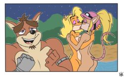 2girls anthro ashesg ass blonde_hair breast_press breasts crash_(series) crunch_bandicoot female furry furry_female furry_male kissing naked nude pasadena_o'possum pool tawna_bandicoot yuri