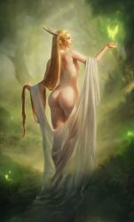 ass blonde_hair dat_ass fairy final_fantasy final_fantasy_xiv forest hair_undone horn kan-e-senna loose_hair nature nude outdoor_nudity outdoors padjal painting painting_(artwork) petite river small_breasts square_enix stream undressing