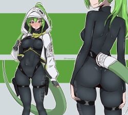 1girls arknights:_endfield black_bodysuit breasts fluorite_(arknights:_endfield) gloves green_eyes green_hair green_tail hair_between_eyes miraenokoi white_hood white_shrug