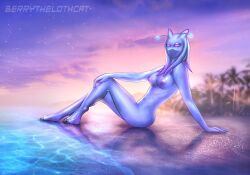 alien antennae_(anatomy) beach berrythelothcat blue_skin mouthless original_character red_eyes sitting star_wars tentacle_hair