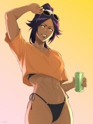 1girl abs absurdres arm_up bikini black_bikini bleach breasts can collarbone commentary cosplay crop_top crop_top_overhang cropped_shirt dark-skinned_female dark_skin drink_can english_commentary eyewear_lift eyewear_on_head grand_theft_auto grand_theft_auto_vi highres holding holding_can large_breasts long_hair looking_at_viewer navel o-ring_bikini_bottom orange_shirt parted_bangs parted_lips ponytail purple_hair shihouin_yoruichi shirt side-tie_bikini_bottom solo stomach sunglasses swimsuit toned toned_female yellow_eyes