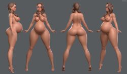 1girls 3d ass belly big_ass big_belly breasts brown_hair female female_only green_eyes nipples nude original original_character pregnant pussy solo zaknimb