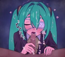 1boy 1girls blowjob blue_hair cum cum_on_face eyepatch fellatio female fukami_asase hatsune_miku monitoring_(vocaloid) oral penis twintails vocaloid