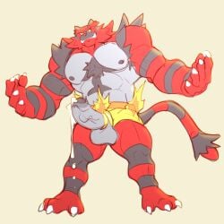 1:1 accessory anthro arms_wide balls bodily_fluids cock_ring dominant erection felid femboy flexing gay generation_7_pokemon genitals green_eyes hi_res homosexual homosexual_male incineroar jewelry looking_at_viewer male male/male male_focus male_only male_penetrating mammal muscular muscular_anthro muscular_male nintendo pantherine pecs penis_accessory penis_jewelry pokemon pokemon_(species) red_body rickleone simple_background solo striped_body stripes tail tiger white_background wrestler wrestling_briefs yellow_sclera