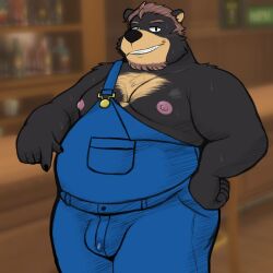 1:1 2026 alternate_species andy_(stardew_valley) anthro bear black_body black_fur bodily_fluids brown_body brown_fur brown_hair bulge clothing cum cum_in_clothing digital_drawing_(artwork) digital_media_(artwork) facial_hair fur furrification genital_fluids hair hi_res looking_at_viewer male mammal multicolored_body multicolored_fur musclegut muscular nipples overalls overweight overweight_male smush-sin solo stardew_valley sweat teeth_showing two_tone_body two_tone_fur