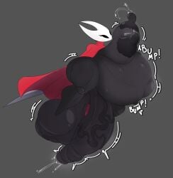 absurd_res anthro balls belly big_balls big_belly big_penis black_body black_skin bodily_fluids cloak clothed clothing genital_fluids genitals grey_background gynomorph hi_res hollow_knight_(franchise) horn hornet_(hollow_knight) huge_balls huge_belly huge_penis hyper hyper_balls hyper_belly hyper_genitalia hyper_penis ineffective_clothing intersex lactating looking_up melee_weapon motion_lines musk nipples onomatopoeia p0verteils penis precum pregnant pregnant_intersex puffy_nipples red_cloak red_clothing saggy_balls simple_background solo sound_effects sword team_cherry text thick_thighs vein veiny_penis weapon