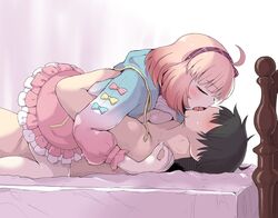 1boy 1girls ahoge bed_sheet bent_over black_hair blush bow breast_press breasts breasts_out chieru_(princess_connect!) closed_eyes clothed_female_nude_male clothed_sex cowgirl_position female female_on_top french_kiss frilled_skirt frills hairband hug jacket kissing kissing_while_penetrated long_sleeves lying maruzen18 nude on_back on_bed pink_skirt princess_connect! princess_connect!_re:dive riding_penis sex shirt_lift skirt straddling teenage_girl teenager tongue tongue_out vaginal_penetration