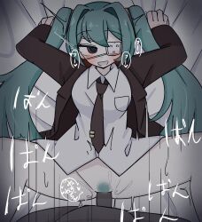 1boy 1girls blue_hair blush bottomless eyepatch female gripping_sheets hatsune_miku monitoring_(vocaloid) penetration sex sheet_grab twintails vocaloid voifoooork