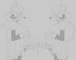 2futas 2girls ball_size_difference cat_ears cat_tail catgirl deltarune dick dickgirl dual_persona frottage futanari gloves greyscale mad_mew_mew penis penis_kiss penis_under_skirt precum selfcest skirt skirt_lift spinarooz tips_touching uncut undertale
