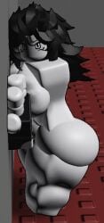 1girls 3d against_wall big_ass blocky_body boobs_out gloves_on leaning_back long_hair retro roblox roblox_studio robloxian squished_breasts tagme