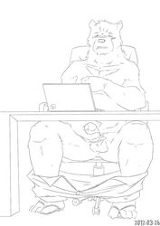 2012 anthro aru_(artist) balls blush bottomwear clothing computer erection genitals humanoid_genitalia humanoid_hands humanoid_penis male mammal masturbation pants penis sitting sketch solo ursid