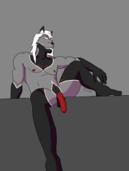1boy 2d 3:4 absurd_res anthro black_body black_fur canid canine confident_male digital_media flaccid foreskin fox fur genitals grey_body grey_fur hair hi_res jace_ehnon long_hair looking_at_viewer male male_only mammal markings nipples obsy_collin penis pinup pose presenting presenting_penis red_eyes red_markings red_nipples red_penis seductive sitting smile solo spread_legs spreading white_hair white_markings