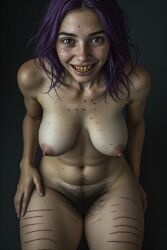 ai_generated cutefreepotato photorealistic purple_hair scars tagme yellow_teeth