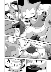 6_panel_comic ambiguous_gender ambiguous_humanoid bed bedding blush blush_lines bodily_fluids clitoral clitoral_rubbing clitoris close-up comic crepix digital_drawing_(artwork) digital_media_(artwork) drowzee female female_fingered fingering furniture generation_1_pokemon generation_3_pokemon generation_7_pokemon genital_fluids genitals group hi_res high-angle_view humanoid hypnosis inner_labia internal japanese_text lying lying_on_bed mimikyu mind_control monochrome nintendo on_back on_bed onomatopoeia pendulum pendulum_swing pokemon pokemon_(species) right_to_left roselia side_view sleep_molestation sleeping sound_effects spread_vulva spreading text trio unknown_year urethra vaginal_fluids vulva