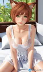 1girl ai_generated blush breasts brown_hair cat_ears dress green_eyes lily_artemis_ii looking_at_viewer short_hair sitting solo stellar_blade wet white_dress