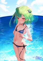 bikini green_hair red_eyes sea small_breasts uruha_rushia