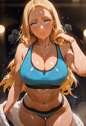 ai_generated big_breasts disney exausted from_above princess rapunzel solveigai sports_bra sportswear sweat sweatdrop