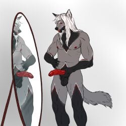 1:1 admiring_self anthro balls big_penis black_body black_fur canid canine claws foreskin fox fur genitals grey_body grey_fur hair hand_on_penis hi_res holding_penis jace_ehnon long_hair looking_at_self male mammal markings mirror nipples pecs penis red_eyes red_markings red_nipples red_penis saggy_balls simple_background solo standing tongue tongue_out vein veiny_penis white_background white_claws white_hair white_markings wildcreatureart