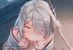 1boy 1girl acheron_(honkai:_star_rail) ai_generated bare_shoulders blush body_markings breasts censored cocomiyart cum cum_in_mouth cum_overflow ejaculation erection eyes_visible_through_hair fellatio grey_hair hair_ornament hair_over_one_eye hand_on_another's_head head_grab hetero highres honkai:_star_rail indoors irrumatio japanese_clothes kimono large_penis long_hair looking_at_viewer motion_lines nipples nsfw off_shoulder open_kimono oral penis pov red_eyes solo_focus sweat tattoo uncensored veiny_penis white_hair white_kimono
