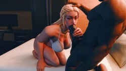 1boy 1girls 3d 3d_(artwork) big_breasts big_penis blonde_hair blowjob blowjob_face braided_hair brunhild_(fortnite) cleavage closed_eyes dark-skinned_male fortnite fortnite:_battle_royale kneeling kneeling_oral_position light-skinned_female sucking_penis white_bra white_lingerie white_panties