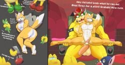 anthro audience balls big_butt big_penis blush bodily_fluids bowser bracelet butt canid canine castle chain_chomp chair clothing clothing_removed collar comic countershade_face countershade_torso countershading digital_media_(artwork) dipstick_tail dungeon english_text erection exhibitionism feet flexible floating_hands forced forced_exposure foreskin fox fox_mccloud fur furniture genitals group hair held_by_legs held_up hi_res horn humanoid_feet humanoid_genitalia imminent_sex jewelry jojoe koopa koopa_troopa lava male male/male mammal mario_bros markings mask multicolored_body muscular muscular_male nintendo nipples nude penis penis_size_difference plantigrade red_hair reptile scalie sex sharp_teeth shoes_removed shyguy small_penis smile soles spiked_collar spikes split_form splits spread_legs spreading star_fox stripped_down sweat tail tail_markings teeth text thick_thighs throne toes torn_clothing turtle two_tone_body voyeur yellow_body