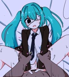 1boy 1girls blue_hair blush bottomless eyepatch female hatsune_miku monitoring_(vocaloid) penetration sex sweat twintails vocaloid voifoooork
