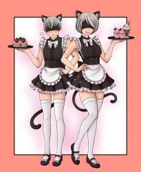 1boy 1girls blindfold blush cat_ears cat_tail catboy catgirl crossdressing female light-skinned_female light-skinned_male light_skin maid maid_uniform male nier nier:_automata short_hair tail thighhighs white_hair yorha_2b yorha_9s