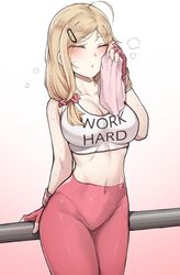 1girls blonde_hair breasts exercise k0ng kongthegrain merc-san_(k0ng) pink_gloves pink_pants shirt sweat tight_clothing white_shirt