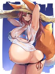 1girls armpits big_belly big_breasts bikini cleavage clothed fat_ass fate/extra fate/grand_order fate_(series) female female_only fox fox_ears fox_girl fox_tail hat kuronyan licking_lips long_hair navel outie_navel pink_hair pregnant solo solo_focus straw_hat sun_hat t-shirt tail tamamo_no_mae_(fate) thick_thighs tongue wet wet_clothes yellow_eyes