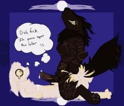 albino albino_(gunsawian) anthro big_penis black_body black_fur bodily_fluids casualties:_unknown english_text expie_(gunsawian) fur genitals gunsawian herm hi_res intersex intersex/male k-899_(permian) male melanistic muttzguttzx3 overweight penis profanity rainbow_(rotsrocks) regret scar self-harm_scars sharp_teeth size_difference skinny small_penis tears teeth text toony white_body white_fur