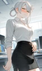 1futa 1girls 2d 2d_(artwork) ai_generated alternate_version_at_source alternate_version_available angry_expression balls balls_under_clothes ballsack bangs bangs_over_one_eye blouse blush blushing braid braided_hair bulge bulge_under_clothes canon_futa clenched_teeth disgusted flower flower_in_hair futa_focus futanari golden_eyes gray_hair grey_hair hi_res high_resolution highres intersex kaine_(nier) large_penis lines looking_at_viewer nier nier_(character) nier_(series) nier_replicant office_clothing office_desk office_lady ol pencil_skirt scowl suit suit_and_tie suit_jacket sweatdrop testicles visible_breath visible_teeth white_hair yellow_eyes