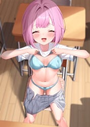 1girls blush bra breasts charl2837 classroom clothes_lift female ootori_emu panties pink_hair project_sekai underwear undressing