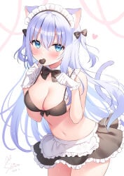 1girl bikini bikini_top blush breasts breasts_out chocolate chocolate_in_mouth hair_ornament hair_ribbon hairband large_breasts long_hair maid maid_apron maid_bikini maid_headdress maid_outfit maid_uniform nipples open_shirt original purple_hair shiono_(0303) straight_hair tied_hair twintails