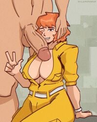 alternate_version_available april_o'neil april_o'neil_(tmnt_1987) artist_name big_breasts breasts brown_hair erect_penis hand_on_head huge_penis jumpsuit looking_at_viewer milkmorango one_eye_closed penis_against_cheek teenage_mutant_ninja_turtles tmnt_1987 v_sign