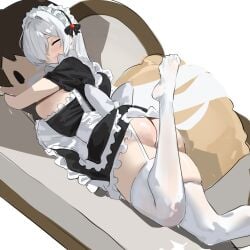 1girls alternate_costume ass big_ass big_breasts breast_squish breasts_bigger_than_head cinderella_(nikke) commander_(nikke) eyes_closed feet_up female female_only furniture garter_straps goddess_of_victory:_nikke huge_breasts laying_on_sofa laying_on_stomach lips looking_at_viewer maid maid_headdress maid_outfit maid_uniform pale-skinned_female pale_skin plushie redi_(rasec_asdjh) smiling tagme thick_thighs thighhighs white_background white_hair