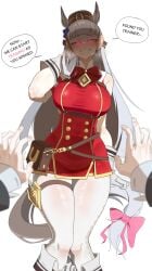 1girl absurdres animal_ears asking_for_sex big_breast blush breasts doli_palta ear_ornament english_commentary english_text gold_ship_(umamusume) highres horny_female horse_ears horse_girl horse_tail long_hair pink_bow pink_eyes pov pov_hands red_dress simple_background speech_bubble steam tail tail_bow tail_ornament thick_thighs thighhighs thighs umamusume white_background white_hair white_tail white_thighhighs