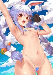 1girls :d ako_suke animal_ear_fluff animal_ears areola_slip areolae arm_up armpits ass_visible_through_thighs between_labia bikini black_gloves blue_bikini blue_hair blue_sky braid breasts bunny_ears cameltoe carrot_hair_ornament cloud commentary cowboy_shot eyebrows_visible_through_hair eyes_visible_through_hair female food_themed_hair_ornament fur_trim gloves hair_ornament hololive hololive_fantasy hololive_japan innie_pussy long_hair looking_at_viewer micro_bikini multicolored_hair navel open_mouth outdoors rabbit_girl red_eyes short_eyebrows sky small_breasts smile solo sparkle stomach swimsuit tan tanline twin_braids twintails two-tone_hair usada_pekora v v_over_eye virtual_youtuber white_hair