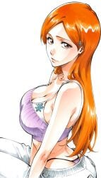 1girl bleach breasts brown_eyes butt_crack camisole cleavage collarbone crop_top from_side hair_ornament inoue_orihime large_breasts long_hair looking_at_viewer midriff orange_eyes orange_hair orihime_inoue panties pants parted_bangs parted_lips photoshop_(medium) purple_panties shiny_hair sideboob simple_background sitting solo spaghetti_strap straight_hair tank_top thong underwear white_background white_pants