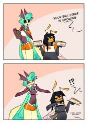 absurd_res anthro arthropod bee black_sclera bottomwear bra_strap_showing_(meme) breasts bulge cis/trans clothing comic dialogue duo english_text female flashing flashing_breasts hi_res hymenopteran insect lepidopteran lingerie long_tongue luna_moth meme moth partlysmith pube_peek pubes saturniid shorts size_difference slightly_chubby slim small_breasts text tongue trans_(lore) trans_woman_(lore) two_panel_image